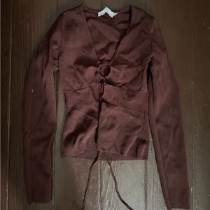 Brown Long Sleeve Tie-Front Top